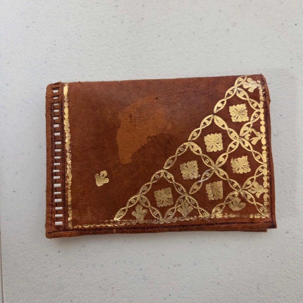 Vintage Brown Leather Gilded Wallet Hand Painted Boho Folk Art Multi Pocket - Picture 2 of 3